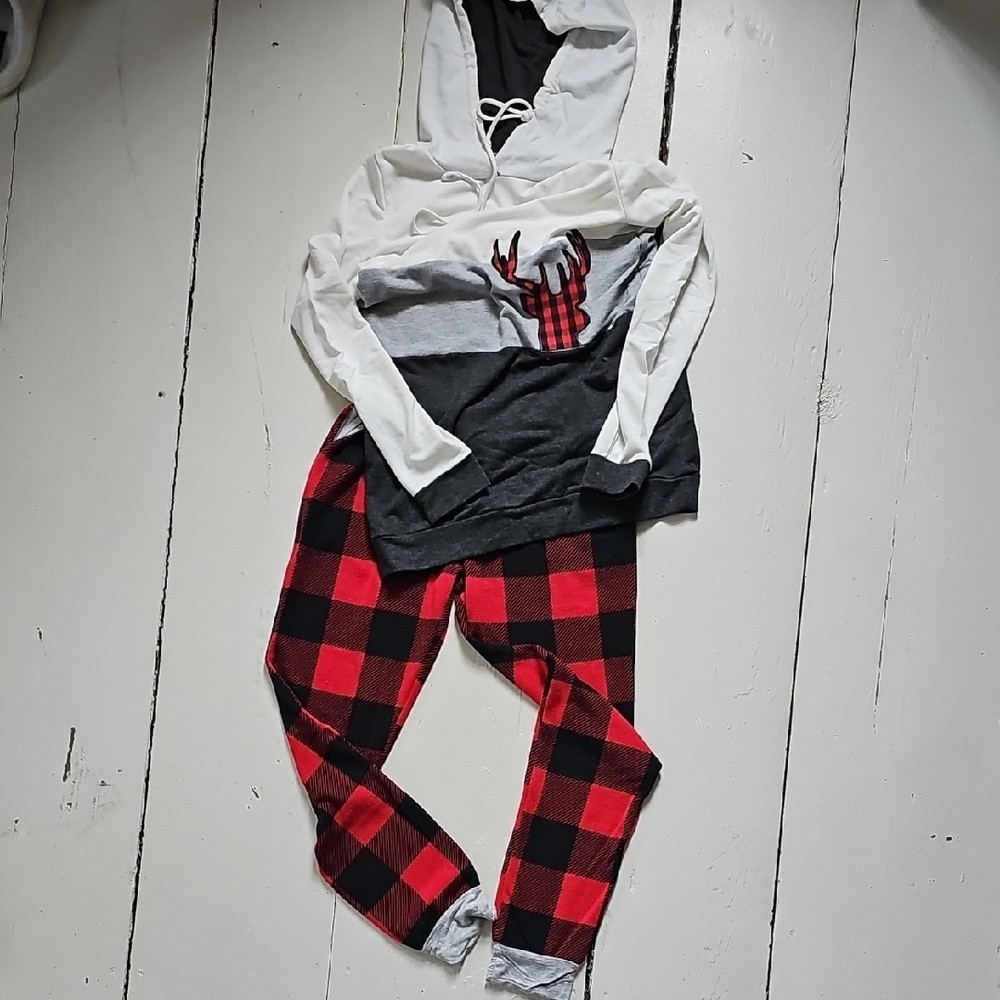 Plaid Red and Black Pajama Set with Deer Hoodie